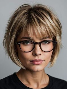 Short Bob Women Haircut, Women’s Short Haircuts With Bangs, Short With Bangs Hairstyle Women, Glasses Frames For Women Short Hair, Bobs With Short Bangs, Stacked Hair With Bangs, Long Bob With Bangs And Glasses, Short Hairstyles With Bangs And Layers, Short Bangs With Glasses