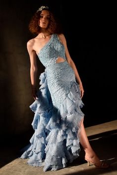 Blue padded gown featuring asymmetrical ruffle with intricate bead embroidery all over and a front cut-out. - Aza Fashions Gowns Blue, Bead Embroidery, Blue Beads, Aza Fashion, Beaded Embroidery, Online Design, Cut Out, Embroidery, Beads