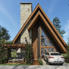 a car is parked in front of a house with a stone chimney and wooden shingled roof