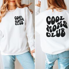 "Jump on several trends with this cozy sweatshirt featuring a retro wavy font, front and back printed designs, and \"Cool Moms Club\" phrase. This popular style sweatshirt would make the ideal gift for Mother's Day, birthday, or any time! Offered in your choice of eleven flattering colors, this comfy  sweatshirt would make an ideal addition to any Mom's wardrobe! - 50% cotton/50% polyester blend - Loose unisex fit - Medium-heavy fabric - Sewn-in label HOW TO ORDER Please select your desired SIZE from the first drop-down menu and your desired COLOR from the second drop-down menu, then select ADD TO CART. Please refer to the size and color charts and send me a message with any questions prior to purchase.  CARE INSTRUCTIONS Machine wash cold, inside out, on gentle cycle with mild detergent a Trendy Long Sleeve Comfortable Sweatshirt, Spring Graphic Tee Sweatshirt With Letter Print, Trendy White Sweatshirt For Leisure, Trendy Letter Print Sweater For Spring, Trendy Cotton Sweatshirt With Letter Print, Retro Winter Sweatshirt For Loungewear, Trendy Relaxed Fit Sweater With Letter Print, Cool Graphic Print Crew Neck Sweatshirt, Trendy Comfortable Fit Sweatshirt With Letter Print