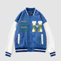 Model Size Male 👉 height: 5'10''/ weight: 139lb/ size: L Female 👉 height: 5'6''/ weight: 110lb/ size: L Features: Unisex Round Neck Single breasted design Two hand pockets Ribbed cuffs and hem Embroidery print design Material: cotton, polyester Blue Urban Varsity Jacket With Baseball Collar, Urban Blue Outerwear With Baseball Collar, Blue Varsity Jacket With Letter Print And Baseball Collar, Blue Varsity Jacket With Baseball Collar, Blue Varsity Jacket With Letter Print For Sports, Casual Blue Varsity Jacket For College, Winter Blue Outerwear With Letter Print, Blue Outerwear With Baseball Collar For Spring, Blue Varsity Jacket With Letter Print For College