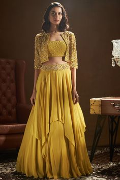 Mustard Yellow Embroidered Jacket Lehenga Set by Sanya Gulati Crop Top And Skirt Indian Party Wear, Crop Top Lehenga With Jacket, Makeup For Yellow Dress, Yellow Indian Outfit, Checkered Embroidery, Gorgeous Lehengas, Jacket Lehenga, Function Dresses