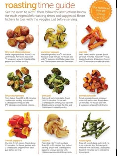 broccoli and other vegetables are featured in the poster for roasting time guide