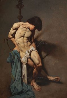 a painting of a man with no shirt on, leaning against a wall and holding a cross