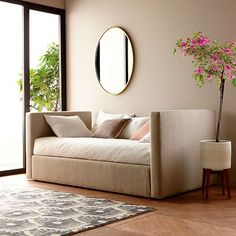 a living room with a couch, mirror and potted plant on the floor in front of it