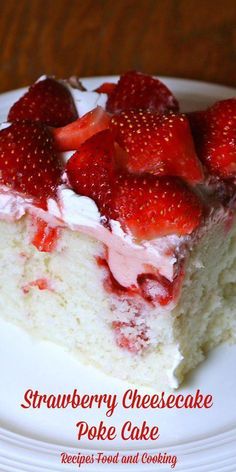 a piece of strawberry cheesecake on a white plate