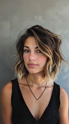 40+ Gorgeous Balayage Highlights Hairstyles You'll Love In 2024 Lob Balayage Brunette, Contrasting Highlights, Sunkissed Brunette, Long Layered Bob Hairstyles, Girl Hair Styles, Long Layered Bob, Blonde Hair Transformations, Wavy Hairstyle