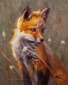 an oil painting of a fox sitting in the grass