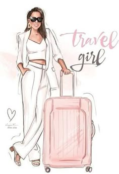 a drawing of a woman in white with a pink suitcase and the words travel girl