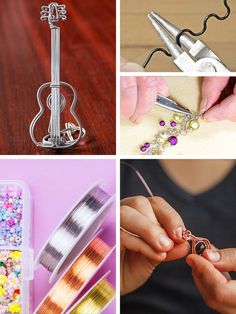 there are four different types of crafting supplies in this collage, including scissors and beads