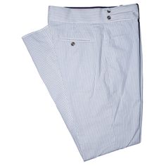 A must-have style in every man’s wardrobe, you will never look boring again with these striped trousers in blue and white. Elegantly made with high quality craftsmanship in a straight fit, flat-front style from premium quality cotton seersucker, these trousers feature a button and zip closure with a wide waistband with two extended fastening tabs. This pair of men's pants is perfect for work and everyday wear, business meetings, parties, gala dinners or summer weddings. Buy it for yourself, or gift it to a loved one for an anniversary, holiday, birthday or just because. Actual colors may vary. This is due to computer monitors displaying colors differently and everyone can see these colors differently. ABOUT: • Brand: Chiragh • Color: Blue, white • Features: Four pockets, cummerbund-style w Classic Striped Bottoms With Welt Pockets, Classic Striped Pants With Welt Pockets, Classic Striped Tapered Leg Pants, Fitted Cotton Bottoms With Contrast Stripes, Fitted Blue Bottoms With Vertical Stripes, Blue Fitted Bottoms With Vertical Stripes, Elegant White Pants With Vertical Stripes, Elegant White Striped Pants, Fitted Pinstripe Cotton Pants