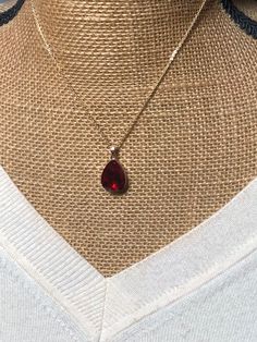 Beautiful Red Ruby Teardrop Gemstone, 18K Gold filled Pendant Necklace. FREE SHIPPING IN THE USA, $11 Every Where Else. Cheap Red Vintage Necklaces, Red Ruby Drop Jewelry, Red Drop Jewelry For Anniversary, Classic Red Teardrop Pendant Jewelry, Red Drop Gemstone Jewelry, Red Gemstone Drop Jewelry, Red Teardrop Gemstone Necklace, Red Teardrop Gemstone Drop Necklace, Classic Red Pear-shaped Jewelry