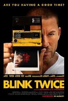 the poster for blink twce shows a man holding up an old camera to his face