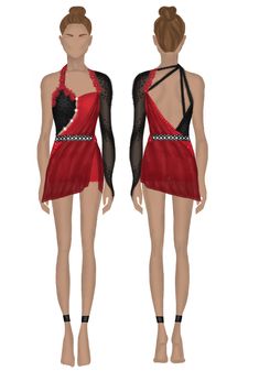 two female mannequins wearing red and black dresses