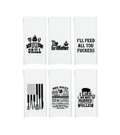 four white tea towels with black and white typogramic designs on them, all printed in different font styles