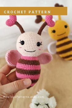 a crocheted bee is shown in the foreground with text overlay that reads, crochet pattern