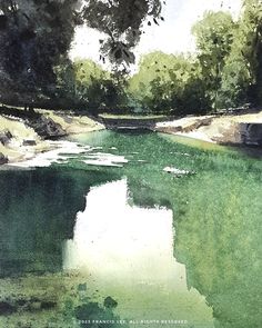 watercolor painting of a river with trees in the background