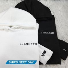 Embroidered Roman Numeral Hoodie, Custom Anniversary Date Couple Hoodies, Personalized Wedding Date Sweatshirt, Anniversary Gift For Him/Her 🌟 Discover our dedication to exceptional quality and custom style! Get an amazing 70% off everything in our store! 🎉 Act fast--this limited-time offer is too good to miss. Spread the joy and make lasting memories with our beautifully crafted products. ❤️ 📢 *Attention:* The discount is valid for individual items only. To buy a "set of 2 items," please add White Hoodie With Letter Embroidery, White Hooded Top With Custom Embroidery, White Hoodie With Custom Embroidery For Winter, White Hoodie With Embroidered Text For Winter, Winter White Hoodie With Embroidered Text, White Winter Hoodie With Embroidered Text, White Long Sleeve Hoodie With Embroidered Text, Date Couple, Couple Date