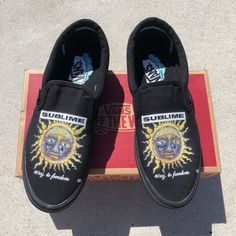 Rock out with these custom Sublime all black slip on vans. We buy each pair of shoes BRAND NEW. Each pair is made to order, please make sure you put in the correct shoe size before you check out. The ink is permanent and will never come off, fade away, or peel off. Made in the USA. This price includes everything: shoes and artwork. Each pair of shoes is made-to-order and takes 2-3 weeks to ship usually. Because the artwork is custom-made for you, there are no exchanges or returns. Please know yo Black Slip On Vans, Slip On Vans, Black Slip On, 12th Man, Shoes Brand, Black Slip Ons, Vans Classic Slip On Sneaker, Slip Ons, Shoe Brands