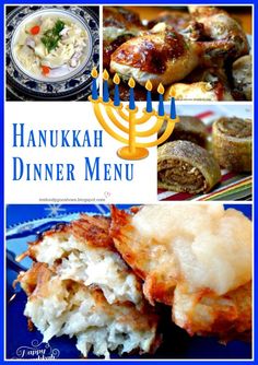 the menu for hanukkah dinner is shown with images of different food items