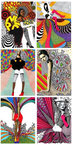 four different colored images of women with high heels and colorful art work on the wall