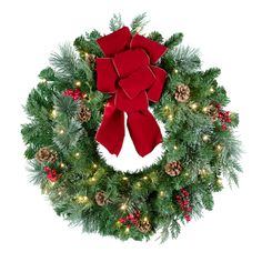 a christmas wreath with red bows and pine cones on white background, surrounded by lights