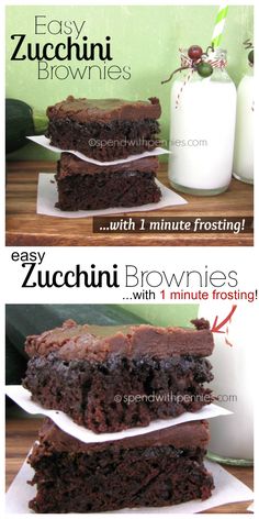 chocolate zucchini brownies stacked on top of each other with milk in the background