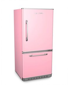 a pink refrigerator freezer sitting on top of a white floor