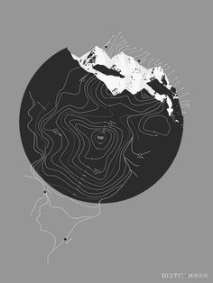 a black and white map with mountains in the middle, on a gray background that is half circle