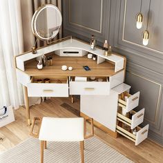 a white desk with drawers and a mirror on the wall next to a chair in front of it