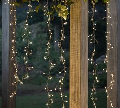 some lights that are hanging from the side of a wooden structure with vines on it