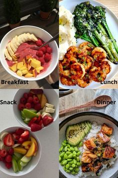 Looking for meal inspiration that’s both healthy and delicious? This full-day meal plan has you covered! Start your morning with a vibrant smoothie bowl, enjoy a flavorful shrimp and veggie lunch, snack on fresh fruit, and wrap up your day with a nourishing salmon and avocado bowl. Perfect for balanced eating and keeping you energized all day! #HealthyMeals #MealPrep #CleanEating #BalancedDiet #HealthyLifestyle Veggie Lunch, Salmon And Avocado, Balanced Eating, Avocado Bowl, Flavorful Shrimp, Meal Planning Menus, Gym Food, Healthy Groceries