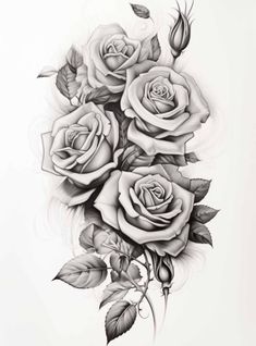 a black and white drawing of three roses