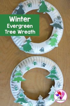 two paper plates with trees on them and the words winter evergreen tree wreath in green