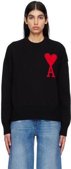 Knit virgin wool sweater. · Rib knit crewneck, hem, and cuffs · Intarsia logo at front Supplier color: Black/Red Paris Clothing, Ami Paris, Knit Crewneck, Wool Sweater, Luxury Streetwear, Wool Sweaters, Black Red, Rib Knit, Knitted Sweaters