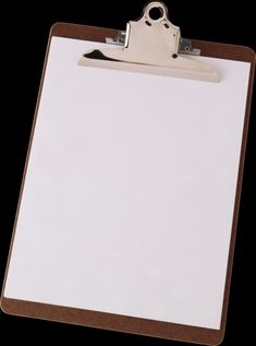 a clipboard with a white sheet of paper attached to it and a brown clip