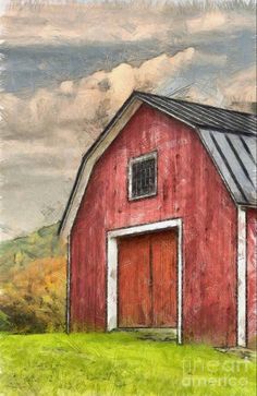 a drawing of a red barn with a door and window in the grass by itself