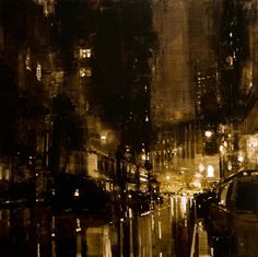 a painting of a city street at night