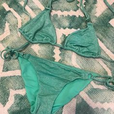 Nwot! Beautiful Mermaid Mint Green Shimmer Bikini Lab Set - Never Worn! Purchased At Nordstrom, Adjustable Tie Strings On Sides Of Both Top & Bottom/ Both Pieces Included In Listing Price! Size Women’s Small Metallic Swimwear For Beach Season, Metallic Swimwear For Beach Season Swimming, Metallic Shimmer Swimwear For Beach, Metallic Shimmer Beachwear Swimwear, Shimmer Triangle Top Swimwear, Fitted Metallic Swimwear For Beach, Summer Shimmer Swimwear For Sunbathing, Stretch Shimmer Swimwear For The Beach, Fitted Shimmer Swimwear For Sunbathing