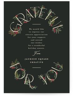 a christmas card with holly wreaths and the words grateful on it