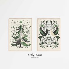 two green christmas trees with birds and stars on them, one is framed in white paper