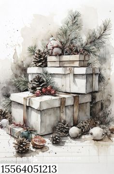 watercolor painting of christmas presents with pine cones, ornaments and firconies on top