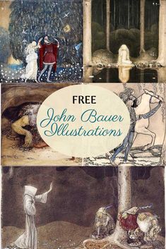 four different pictures with the words free john bauer illustrations