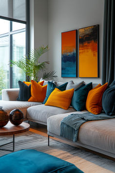 home decor, living room decor, living room ideas, vibrant living room, grey sofa Contrast With Gray Sofa, Dark Grey Couch Living Room With Pop Of Color, Grey Living Room Pop Of Color, Grey Sofa Colorful Living Room, Gray Couch Living Room Ideas Colorful, Grey And Color Living Room, Grey Colorful Living Room, Gray Blue White Living Room, Grey Yellow Blue Living Room