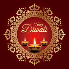 happy diwali greeting card with three lit candles in the center on a red background