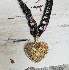 https://s3.commentsold.com/rush/products/3FbLnReK1ugzRGEA6YREeXUvk2BAVH7RJByKqx74.jpg Valentine's Day Metal Heart Necklace With Chunky Chain, Valentine's Day Heart-shaped Chunky Chain Necklace, Adjustable Heart-shaped Multicolor Necklaces, Valentine's Day Heart-shaped Tarnish Resistant Chain Necklace, Valentine's Day Heart-shaped Stainless Steel Chain Necklace, Chain Heart, Crystal Heart Pendant, Cuban Chain, Crystal Heart