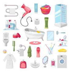 various bathroom items are grouped together on a white background, including a bathtub and shower