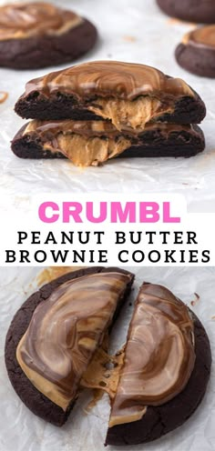 peanut butter brownie cookies are cut in half and stacked on top of each other