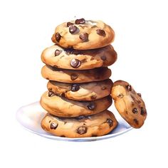 a painting of chocolate chip cookies stacked on top of each other in front of a white plate