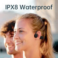 two people wearing ear buds with text that reads ipx8 waterproof